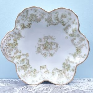 Haviland Limoges Porcelain Bon Bon Dish With Green Floral and Gold Gilding